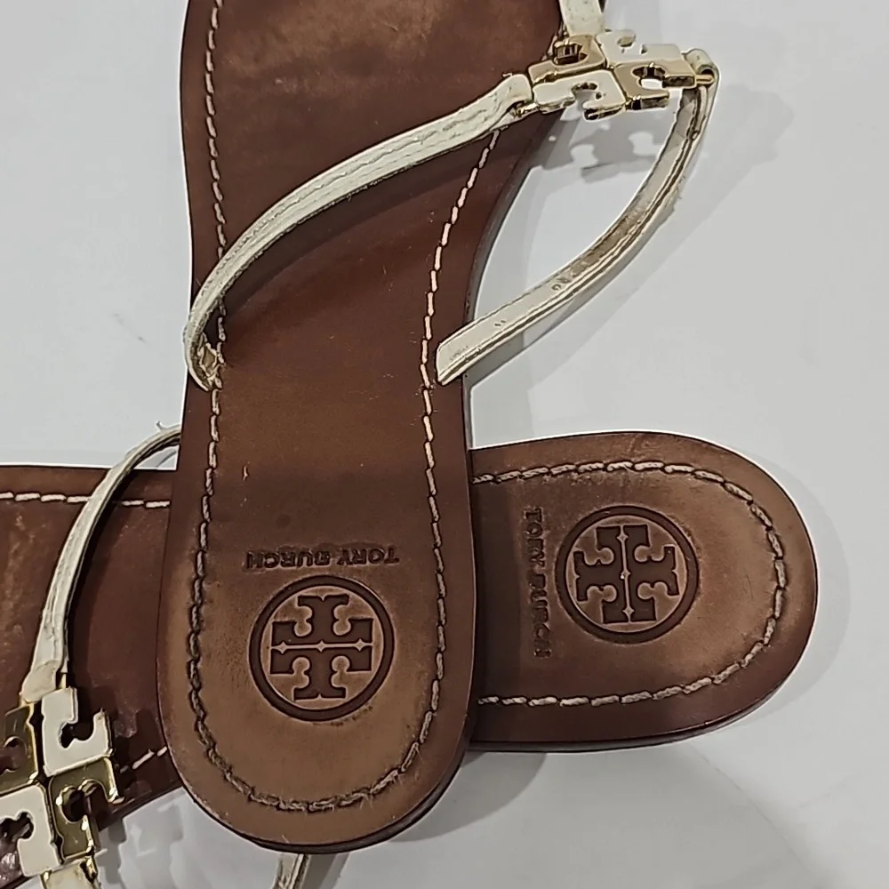 Tory Burch Thong Sandal Logo White Leather Size 8M flats